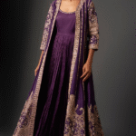 Purple Satin Silk Mirror Work Jacket Set