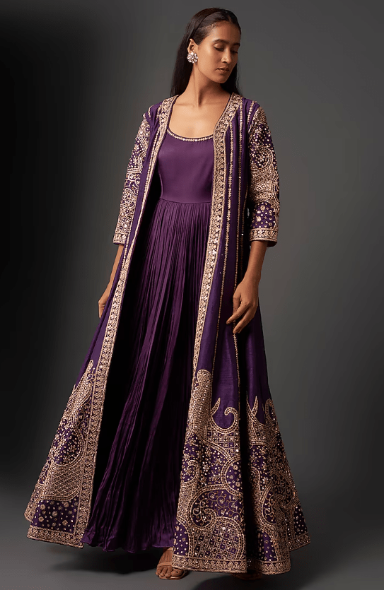 Purple Satin Silk Mirror Work Jacket Set