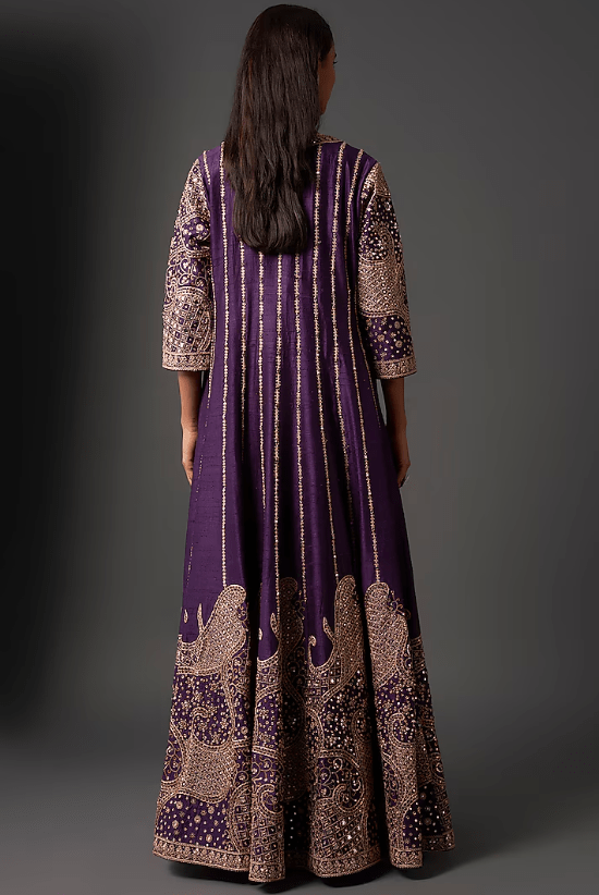 Purple Satin Silk Mirror Work Jacket Set - Image 2