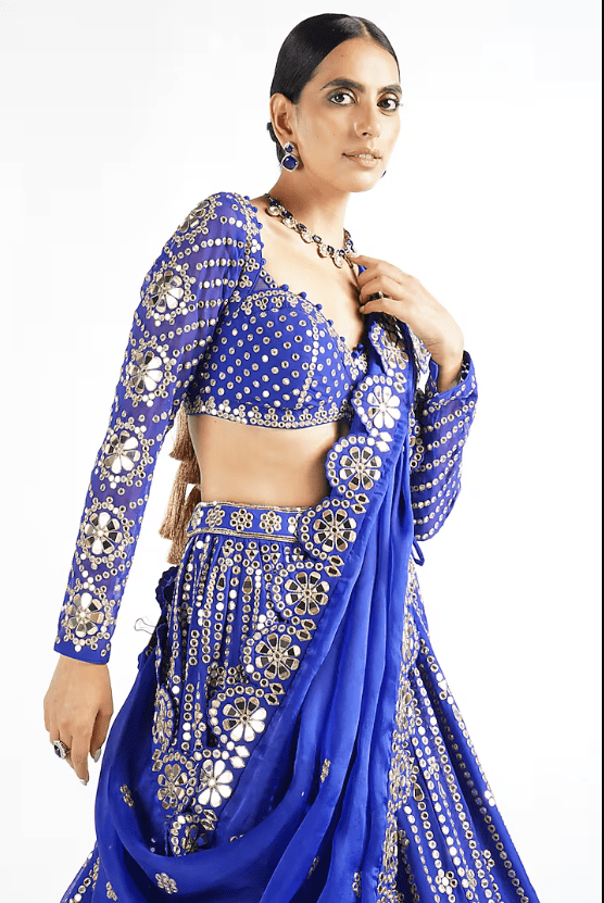 Royal Blue Georgette Mirror Embellished Lehenga Set - Image 3