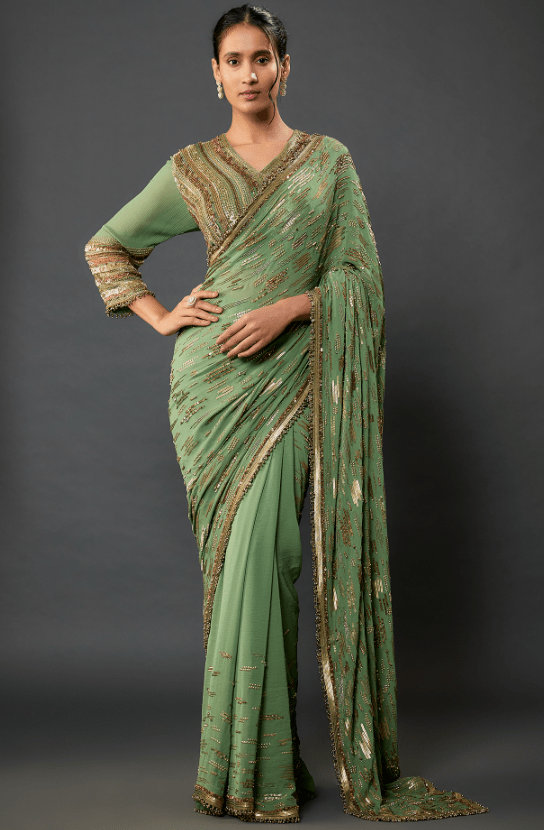 Jade Silk Chiffon Sequins Embroidered Saree Set