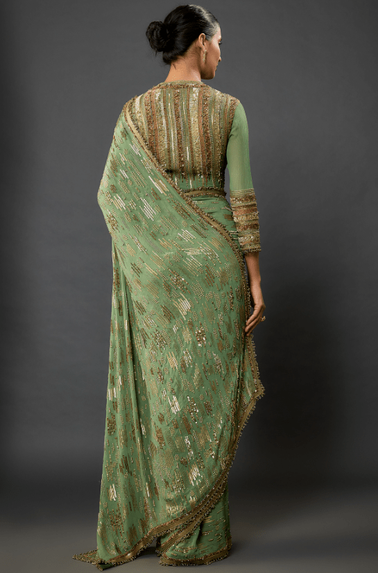 Jade Silk Chiffon Sequins Embroidered Saree Set - Image 2
