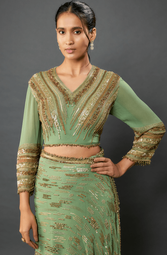 Jade Silk Chiffon Sequins Embroidered Saree Set - Image 3