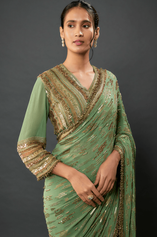 Jade Silk Chiffon Sequins Embroidered Saree Set - Image 4