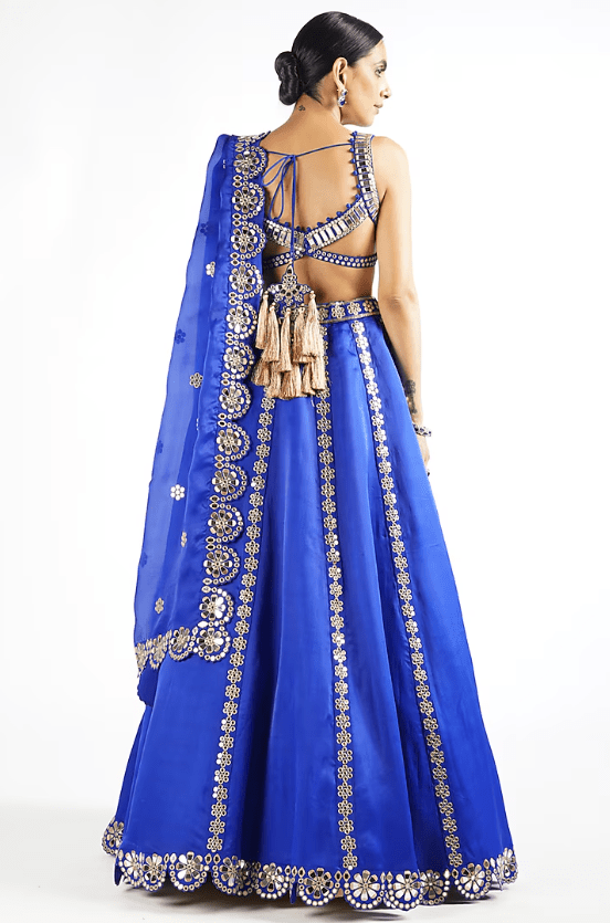 Royal Blue Satin Organza Mirror Embroidered Lehenga Set - Image 2