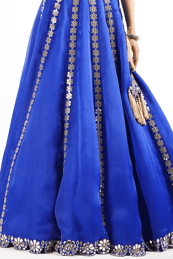 Royal Blue Satin Organza Mirror Embroidered Lehenga Set - Image 4