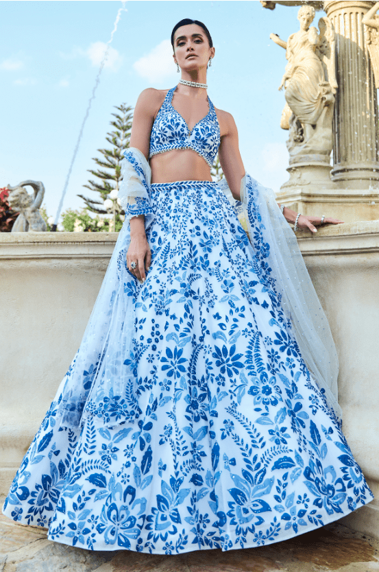 Cobalt Blue Tissue Organza Sequins Embroidered Lehenga Set