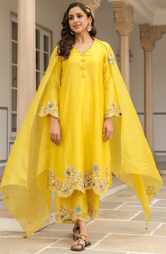 Yellow Silk Chanderi 3D Floral Embroidered Scalloped Kurta Set
