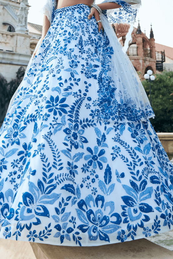 Cobalt Blue Tissue Organza Sequins Embroidered Lehenga Set - Image 3