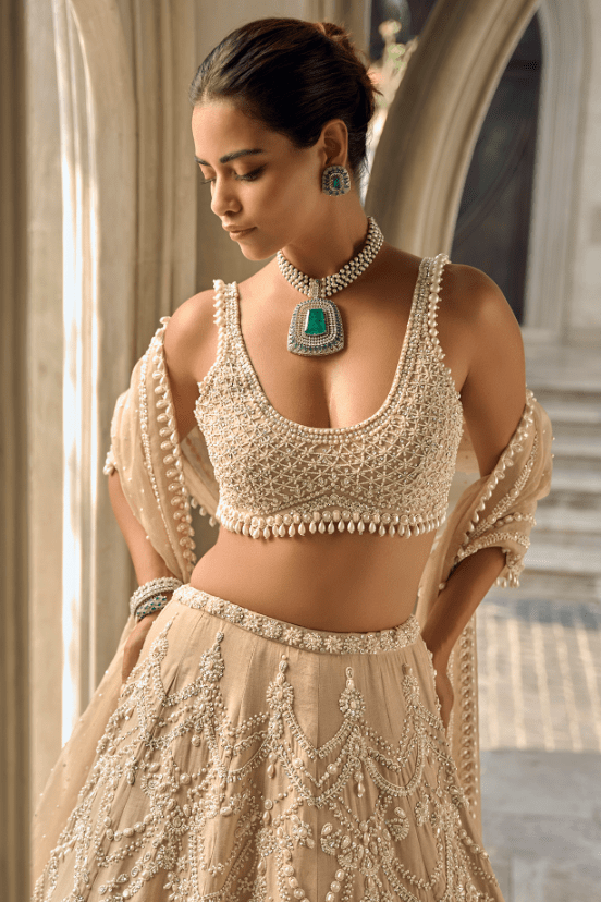 Nude Tissue Silk Sequins Embroidered Lehenga Set - Image 4