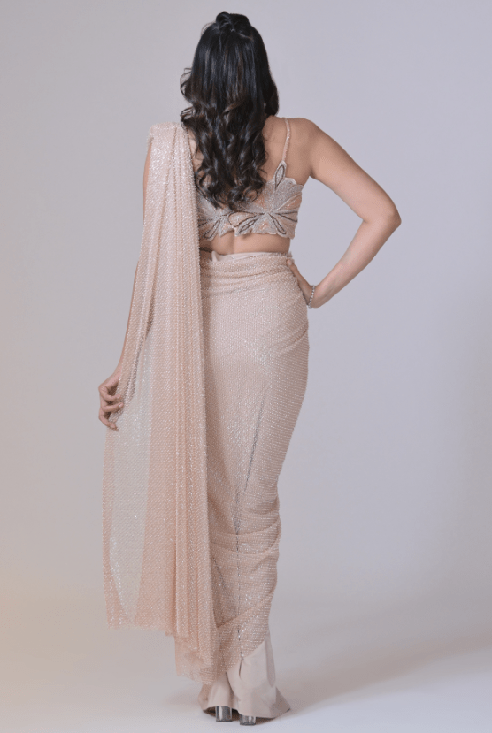 Beige Lycra & Net Cutdana Work Draped Saree Set - Image 2