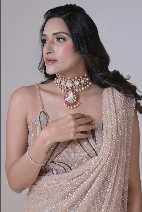 Beige Lycra & Net Cutdana Work Draped Saree Set - Image 3