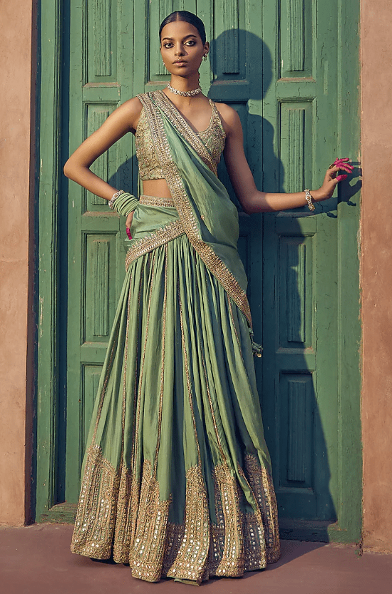 Sage Green Silk Gota & Marodi Embroidered Lehenga Set