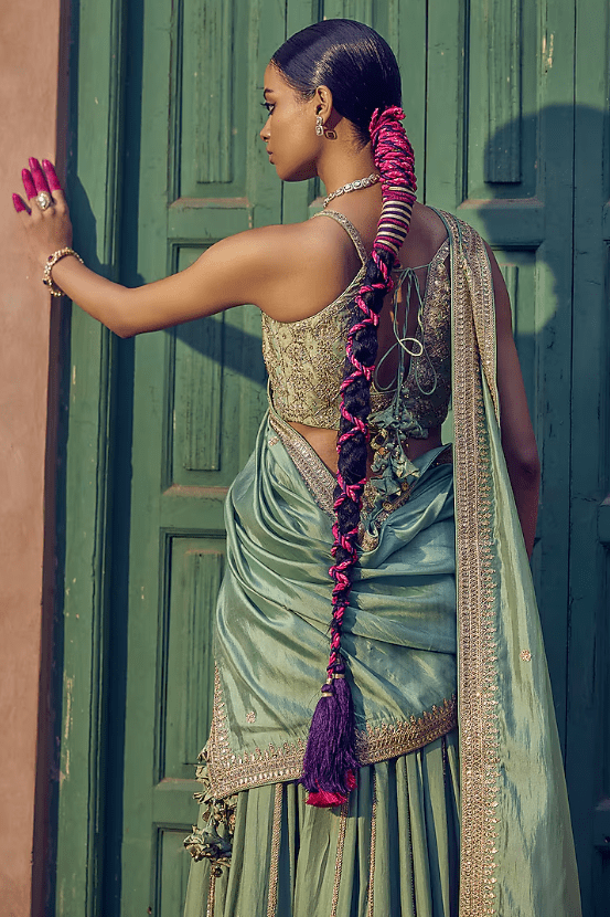 Sage Green Silk Gota & Marodi Embroidered Lehenga Set - Image 2
