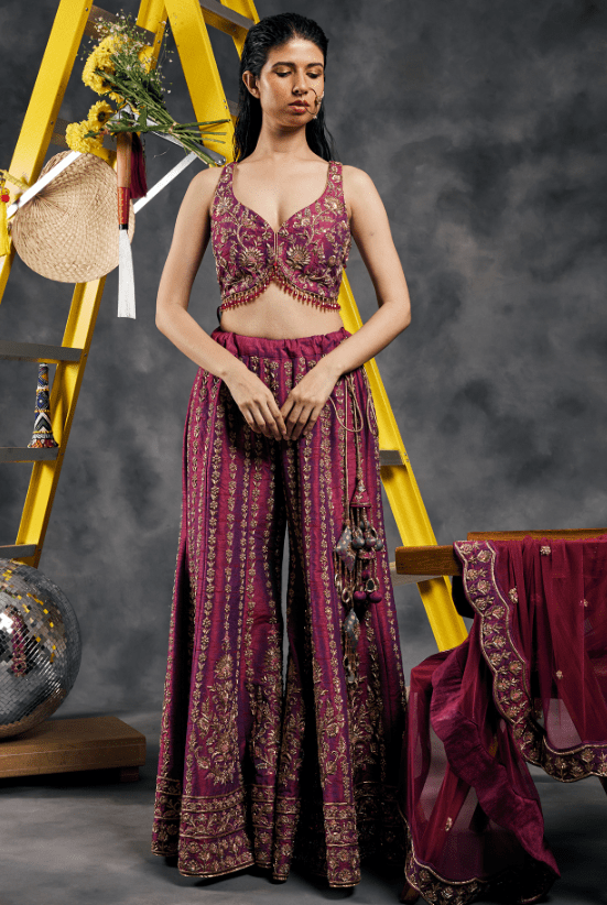 Plum Dupion Silk Dabka Work Sharara Set - Image 3