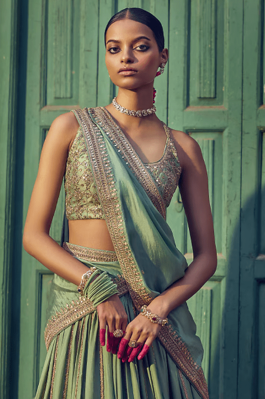 Sage Green Silk Gota & Marodi Embroidered Lehenga Set - Image 3