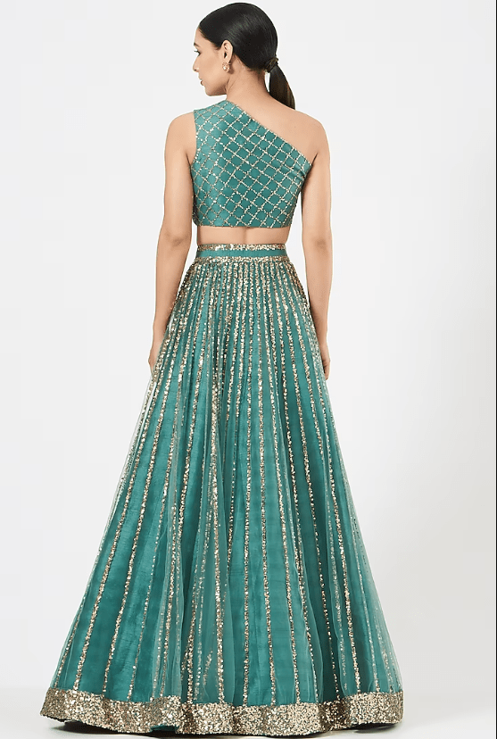 Green Net Lehenga Set With Crop Top - Image 2