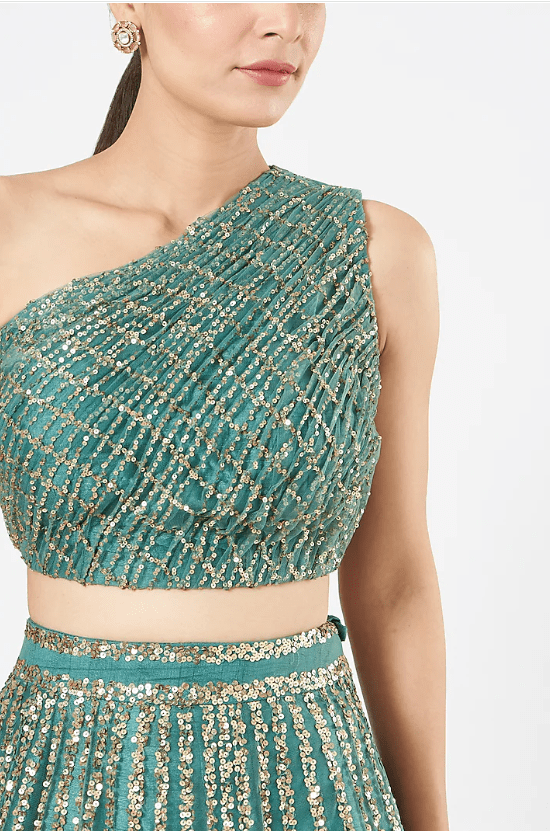Green Net Lehenga Set With Crop Top - Image 4
