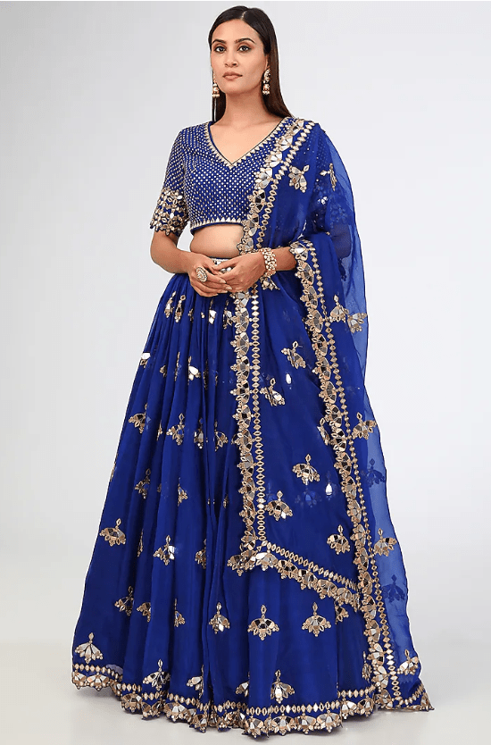 Royal Blue Silk Organza Hand Embroidered Lehenga Set