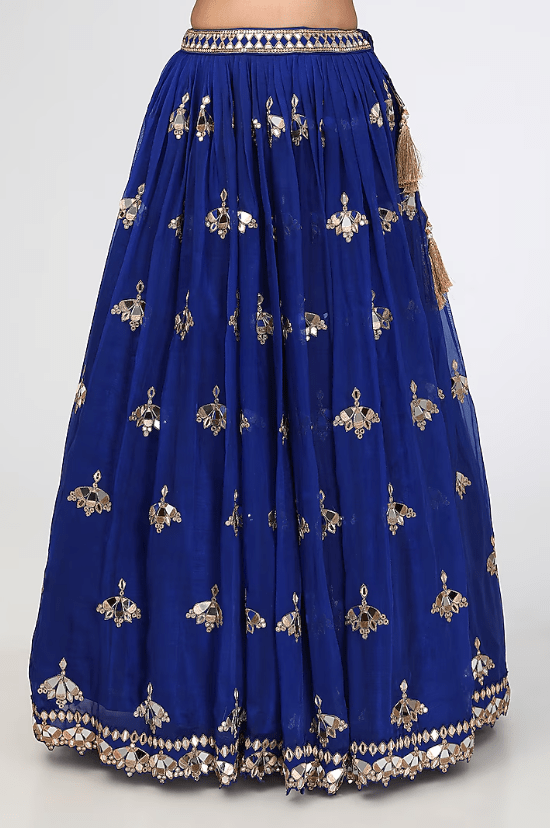 Royal Blue Silk Organza Hand Embroidered Lehenga Set - Image 3