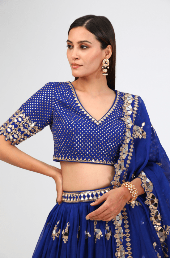 Royal Blue Silk Organza Hand Embroidered Lehenga Set - Image 4
