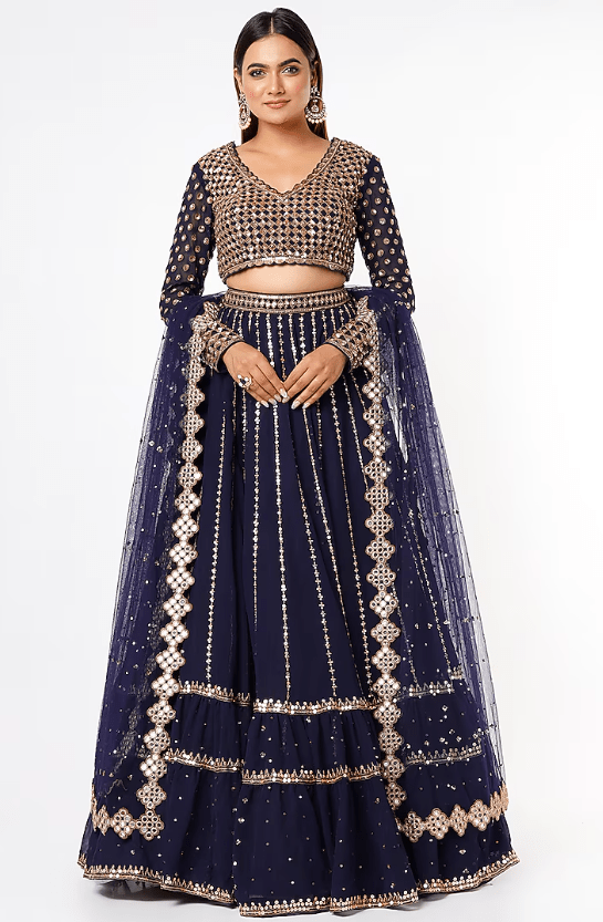 Navy Blue Georgette Tiered Lehenga Set