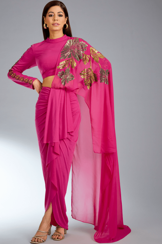 Fuchsia Jersey Draped Saree Set