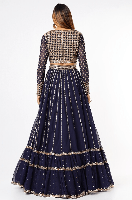 Navy Blue Georgette Tiered Lehenga Set - Image 2