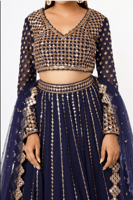Navy Blue Georgette Tiered Lehenga Set - Image 4
