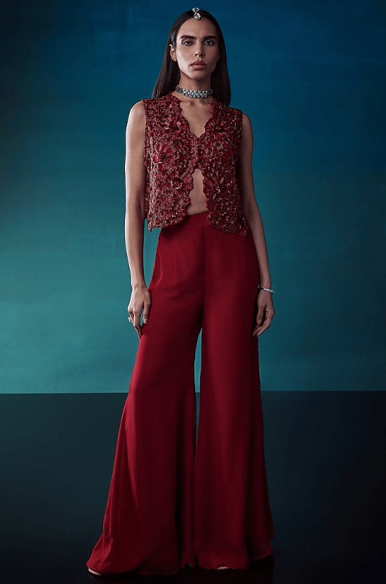 Red Organa Hand Embroidered Short Jacket Set