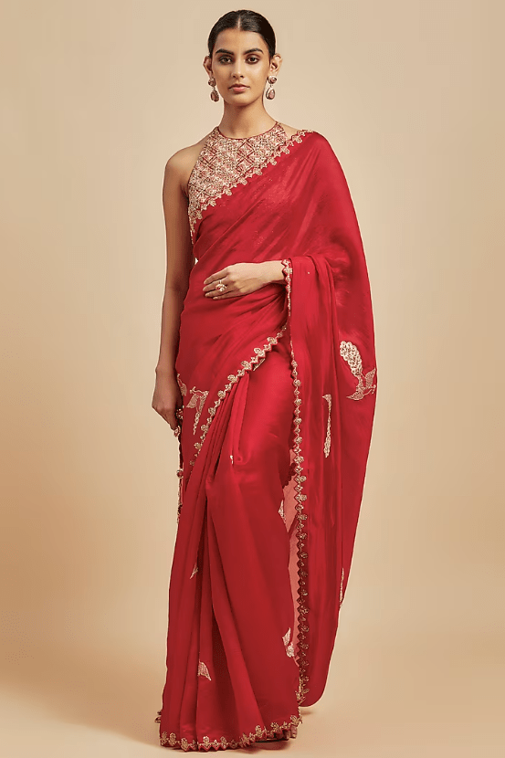 Red Organza Silk Zardosi Embroidered Saree Set