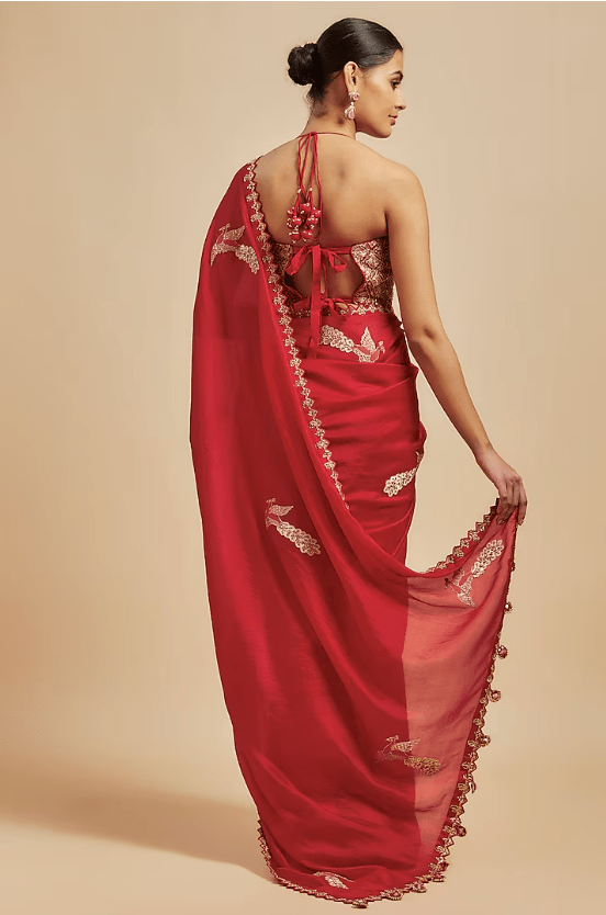 Red Organza Silk Zardosi Embroidered Saree Set - Image 2