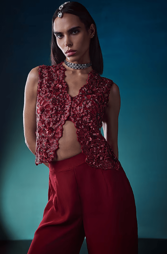 Red Organa Hand Embroidered Short Jacket Set - Image 3
