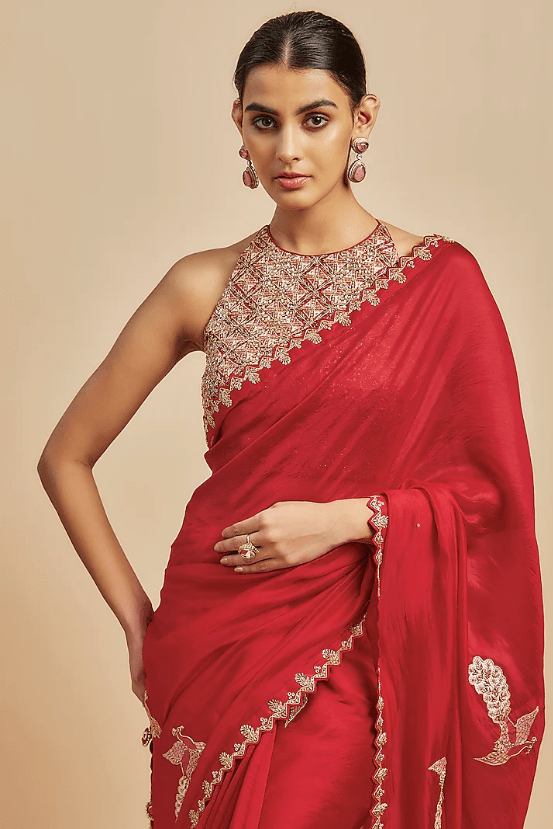 Red Organza Silk Zardosi Embroidered Saree Set - Image 4