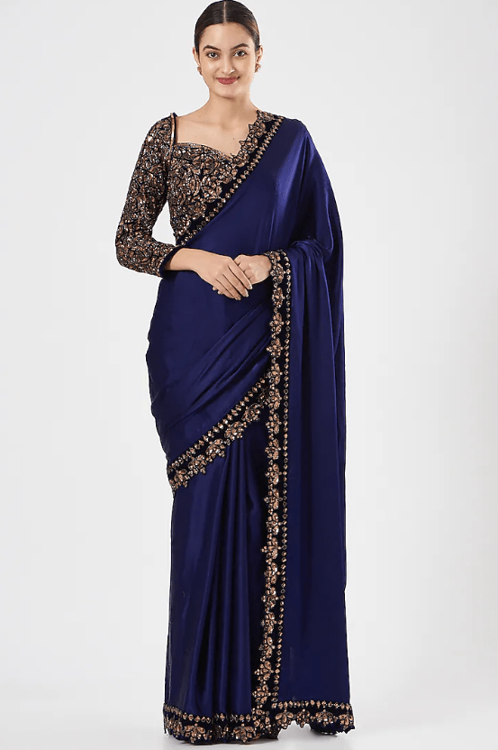 Navy Blue Embroidered Saree Set