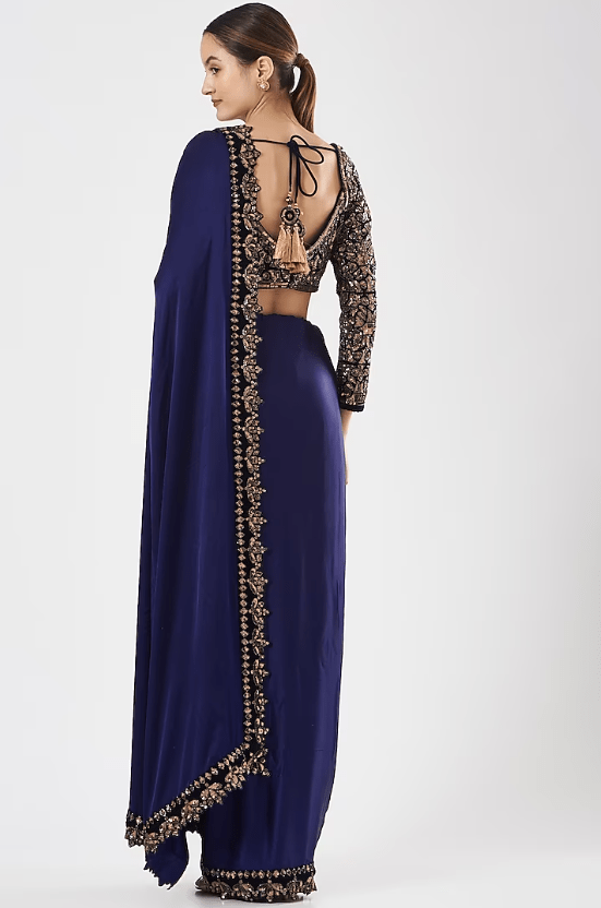 Navy Blue Embroidered Saree Set - Image 2