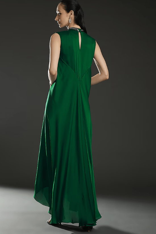 Emerald Green Chiffon Embroidered Paneled Dress - Image 3
