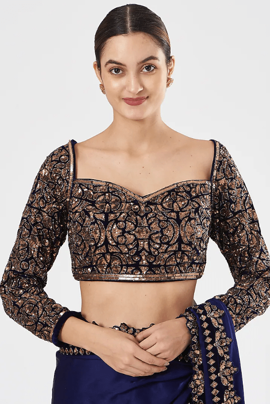 Navy Blue Embroidered Saree Set - Image 3