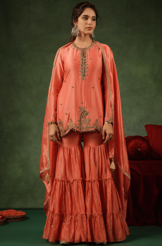 Peach Chanderi Silk Layered Sharara Set