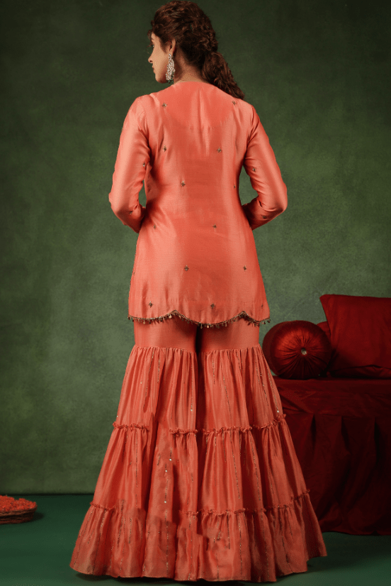 Peach Chanderi Silk Layered Sharara Set - Image 2