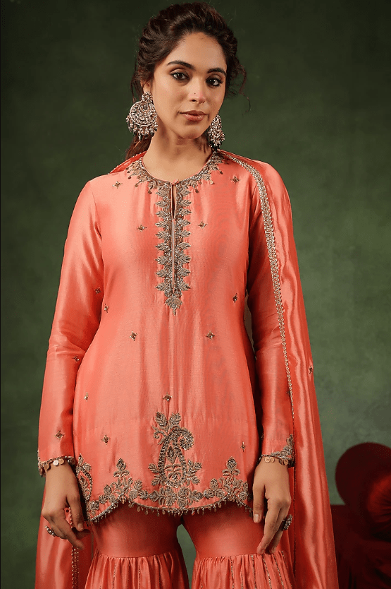 Peach Chanderi Silk Layered Sharara Set - Image 3