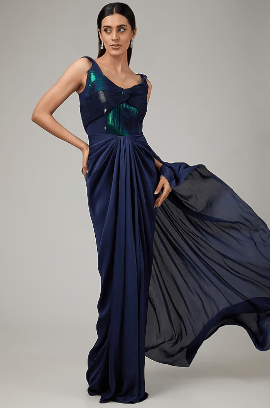 Blue Crepe Chiffon & Metallic Polymer Draped Gown Saree