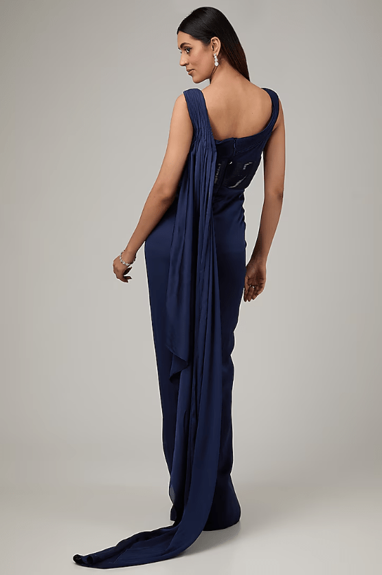 Blue Crepe Chiffon & Metallic Polymer Draped Gown Saree - Image 2
