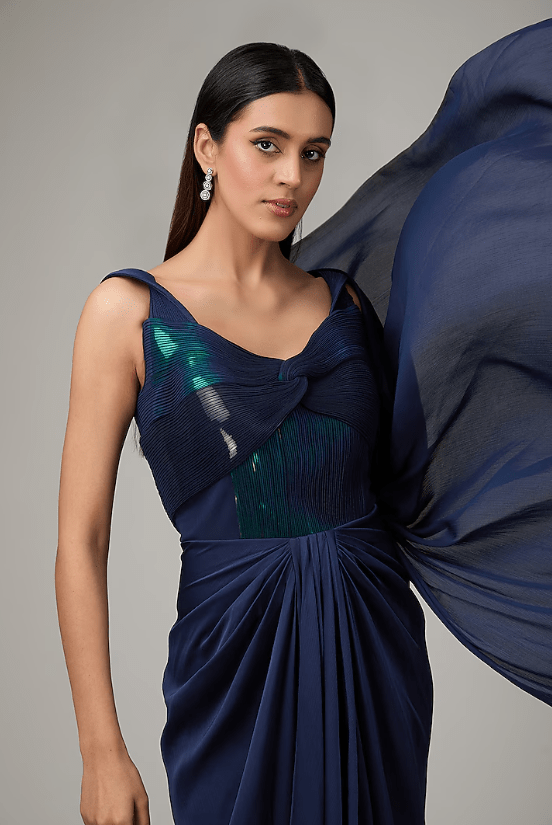 Blue Crepe Chiffon & Metallic Polymer Draped Gown Saree - Image 3