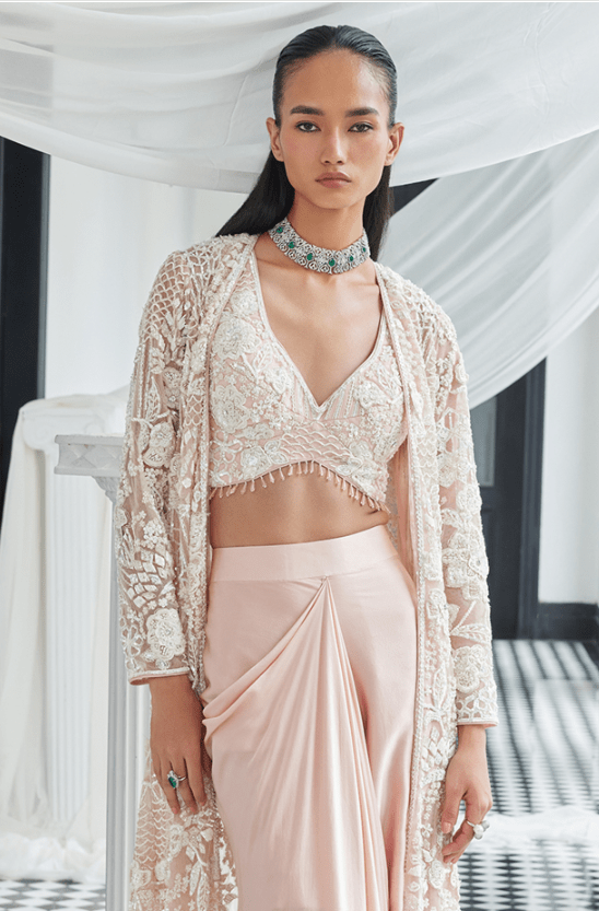 Light Pink Net Sequins Embellished Jacket Set - Image 3