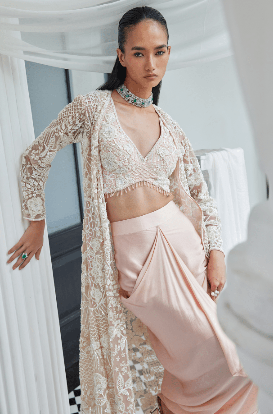 Light Pink Net Sequins Embellished Jacket Set - Image 4