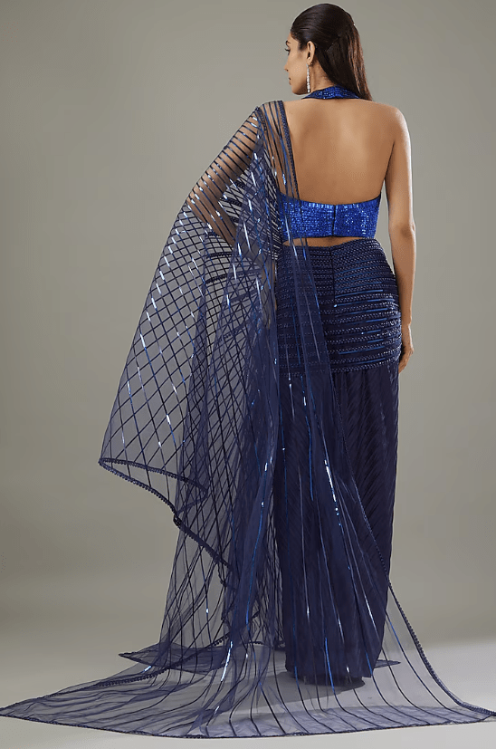 Blue Tulle & Jersey Metallic Saree Set - Image 2