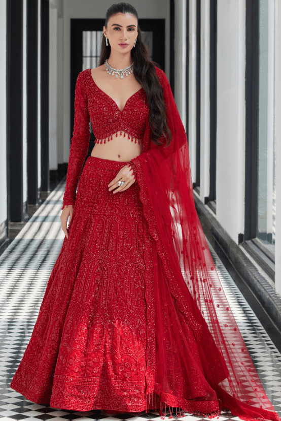 Red Net Sequins Embroidered Lehenga Set