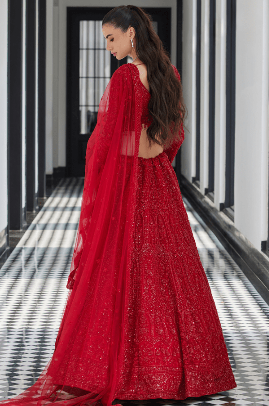 Red Net Sequins Embroidered Lehenga Set - Image 2