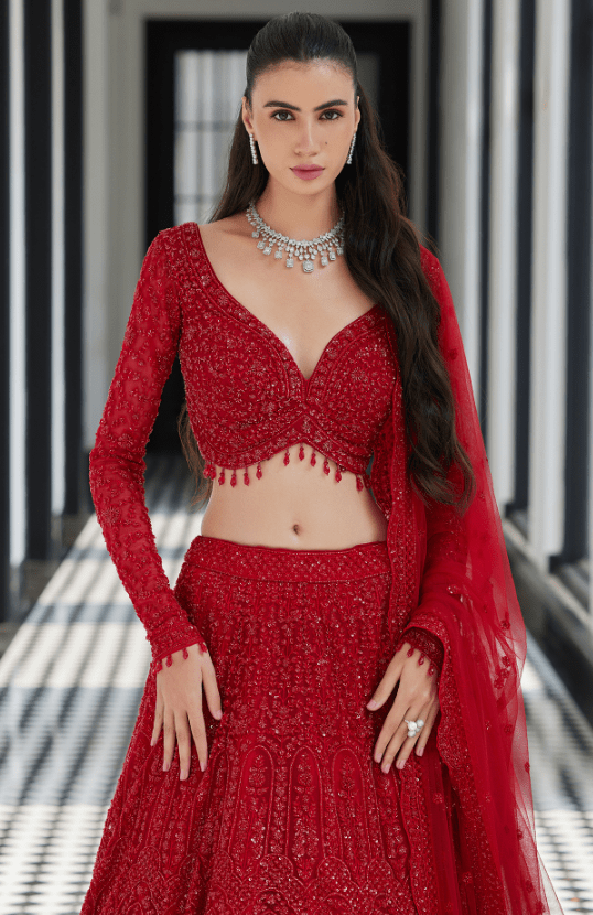 Red Net Sequins Embroidered Lehenga Set - Image 3